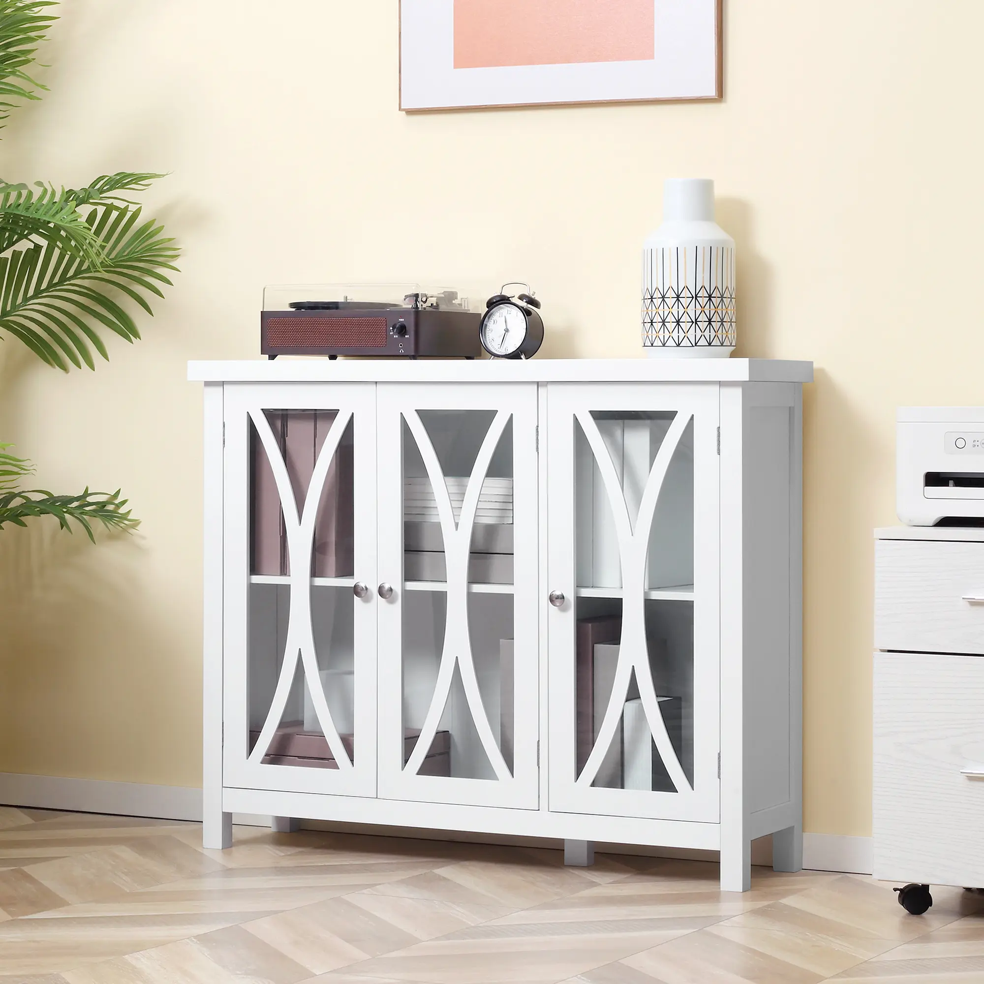 White Dining Room Sideboard Buffet Cabinet - 3 Tempered Glass Doors, Arc Pattern, Adjustable Storage Shelf, Indoor Credenza Cupboard