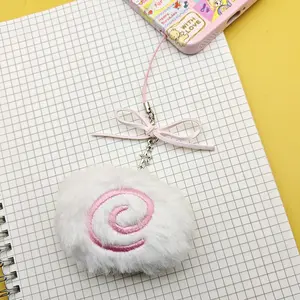 1PC Japanese Kawaii Narutomaki Plush Phone Charm, Cute Bow & Star Detail Fuzzy Keychain for Anime Lovers & Phone Decor