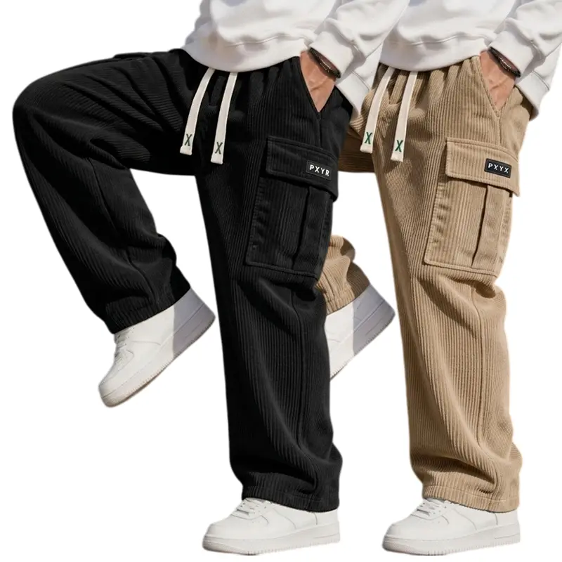 Men’s two pairs of casual pants in an American retro men’s style, featuring an elastic drawstring waist, large side pockets, a loose fit, and wide-leg cut—fashionable for autumn and winter, suitable for everyday commuting.