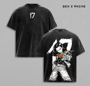 Android17 DBZ Vintage Washed Oversized T Shirt, Anime Graphic Tee, Energy Blast Street Fighter Streetwear, Double Sided Print Heavyweight Cotton, Gift for Anime Fans