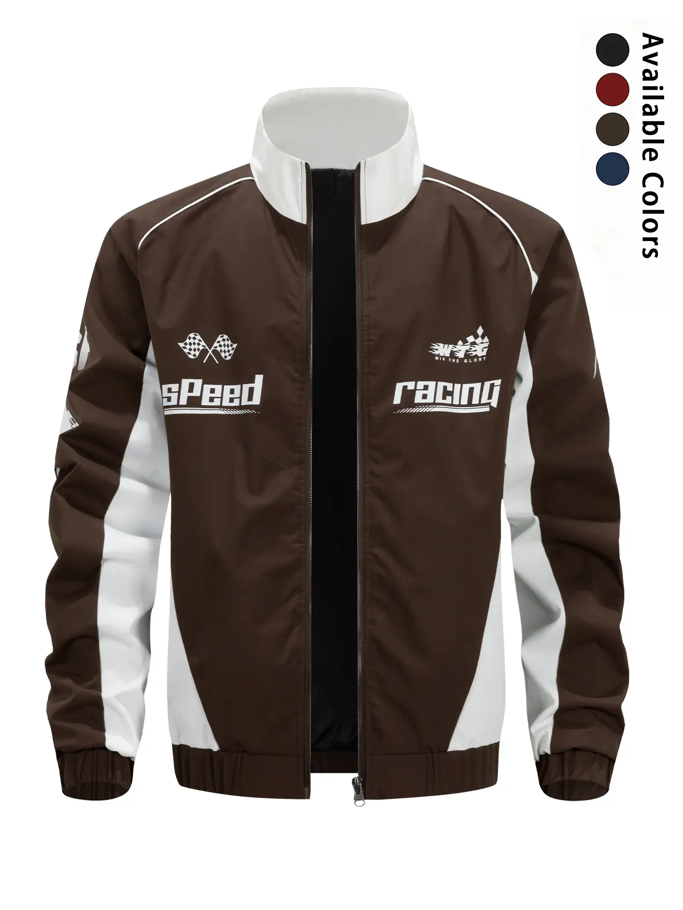 Vintage Speed Racing Print Two-Tone Stand Collar Windproof Full-Zip Lightweight Men’s Motorcycle Racing Jacket
