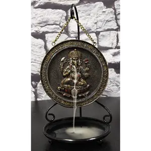 Ebros Hindu Ganesha Round Medallion Disk Backflow Incense Cone Holder Burner