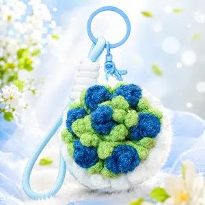 Cute Plush Flower Keychain, Soft Blue Green Crochet-Style Bag Charm with Wrist Strap, Lightweight Plush Key Ring for Backpack Purse Car Keys, Kawaii Flower Accessory Gift for Girls Women