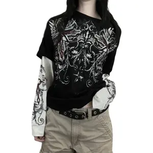 Women Fake Two-Piece T-Shirts Vintage Graphic Print Round Neck Long Sleeve Shirts Fashion Gothic Loose Casual Streetwear