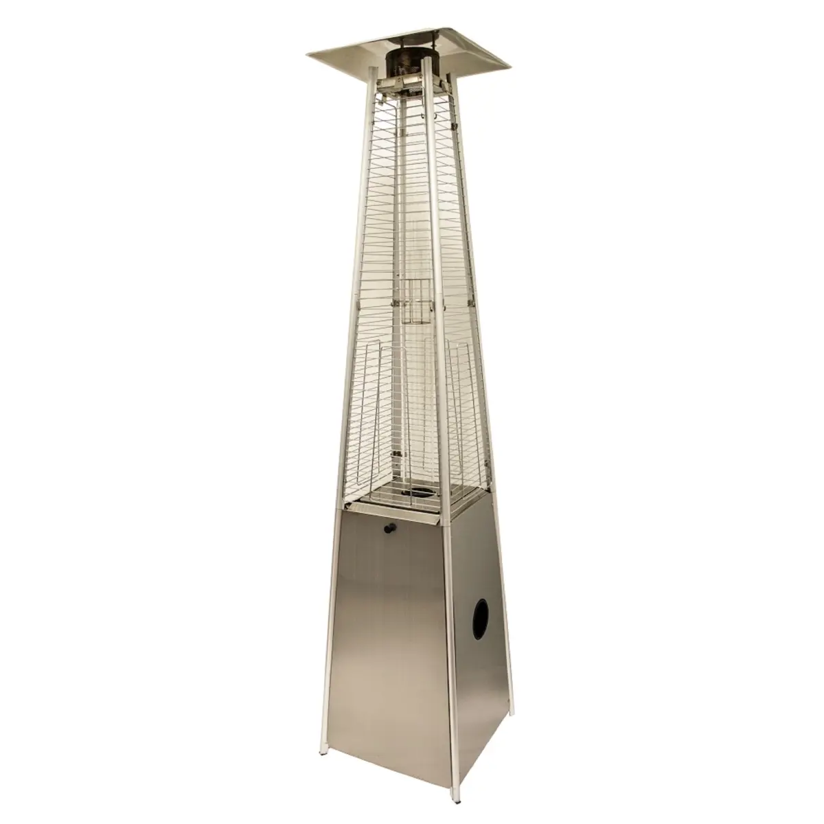 HomeRoots 480574 Modern Silver Steel Propane Triangular Pyramid Outdoor Standing Patio Heater - 41000 BTU, 65 lbs, 91" h x 20.5" w x 20.5" d, Piezo Ignition System, Auto Shut-off, Adjustable Heat Intensity, Efficient Heating, Quick and Easy Lighting