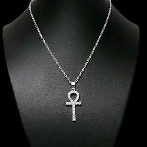 Crystal Ankh Pendant Necklace - Sparkly Silver