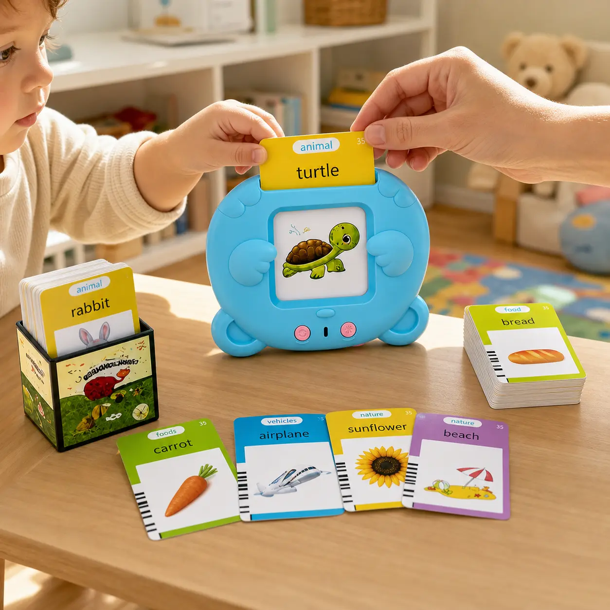 Montessori Talking Flash Cards for Toddlers, Rechargeable Learning Card Reader with 112 Double-Sided Cards and 224 Words, Screen-Free Preschool Vocabulary Toy with Clear Audio and Sound Effects for Home, Classroom, Car Trips and Travel