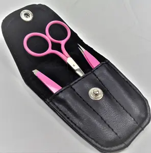 Eyebrow Grooming Kit Makeup Set - Includes Precision Trimmer Tweezers & Leather Sheath - Pink Handles - Cosmetic Tools for Eyebrow Care