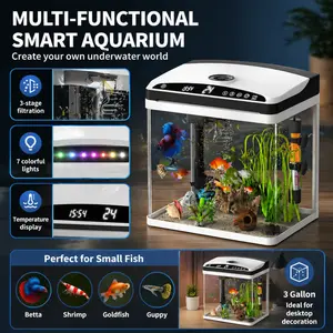 3 Gallon Fish Tank, Small Smart Aquarium with Filter, 7 LED Light,Temperature Display Suitable for Betta, Shrimp, Goldfish,Guppy Small Fish