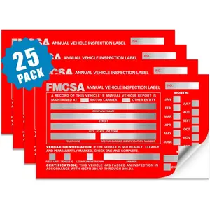 Annual Vehicle Inspection Label 25 Pack 1.6 mil Aluminum Label with Permanent Self Adhesive 6" x 3.5" Meet AVIR Requirements Red