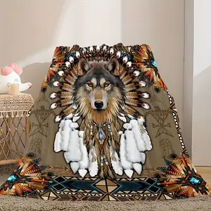 Native Indian Wolf Feather Print Flannel Blanket - Soft, Warm, Multi-Purpose Throw for Couch, Sofa, Office, Bed, Camping, Travel, and Gift for All Seasons