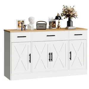 ANNWS Kitchen Buffet Sideboard Cabinet with 4 Doors and 3 Drawers, Adjustable Storage Shelf, Farmhouse Coffee Bar Cabinet for Kitchen