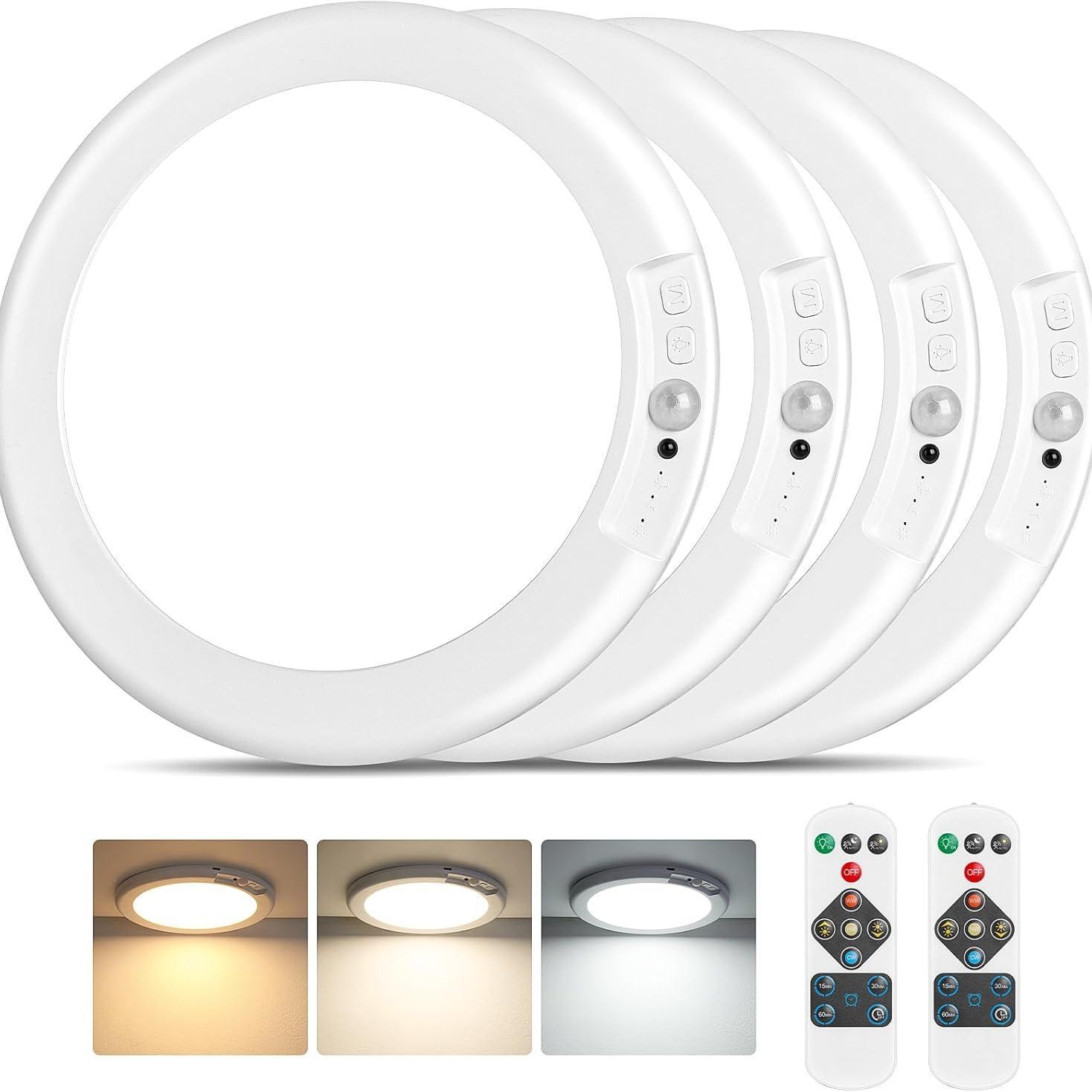 Rechargeable Ceiling Light 4-Pack, 3 Color Modes, Motion Sensor with Remote, Wireless Battery-Operated Magnetic LED Lights for Shower, Closet, Pantry, Shed, Hallway, Porch, Garage Rechargeable Ceiling Light 4-Pack, 3 Color Modes, Motion Sensor with Remote, Wireless Battery-Operated Magnetic LED Lights for Shower, Closet, Pantry, Shed, Hallway, Porch, Garage