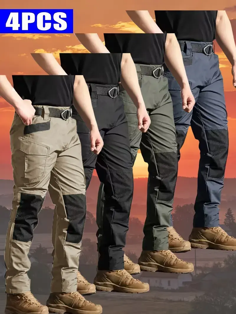 A set of 4 men’s tactical work pants is equipped with a stretch waistband and pockets. With knee pad design and made from a new 230 g/m² fabric, they are ideal for spring and summer wear as well as outdoor activities.