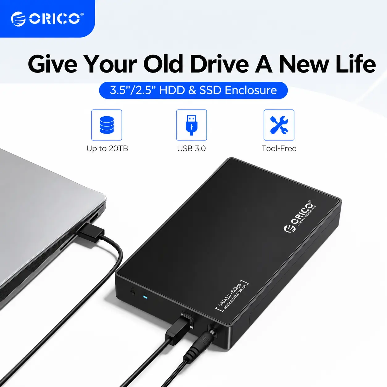 ORICO USB 3.0 External Hard Drive Enclosure for 3.5/2.5 Inch SATA HDD/SSD (Up to 20 TB) - Tool-Free 3.5 Inch Enclosure with 1x 12V/2A US Power Adapter, UASP Acceleration, Compatible with Linux, Macintosh, Desktop (3588US3), Tool-Free Install, Heat-Resista