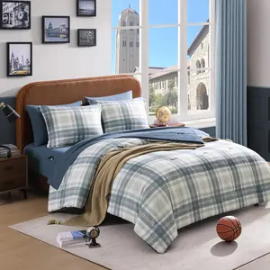 Full Size Comforter Sets, Blue Grey Plaid 7 Piece Bedding Set for Boys Girls Teen, Classic Homestead-Style Kids Comforter Set Bed in A Bag with Sheets, Pillowcases & Shams