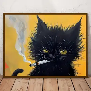 Interesting Black Cat and Cigarette Canvas Art Print - Retro Modern Animal Theme Wall Decoration - Wooden Frame Art Deco Style Smoking Cat Poster, Suitable for Living Room, Bedroom, Home Office - Ink Animal Print Cat Portrait Wall Hanging Decoration - Sui