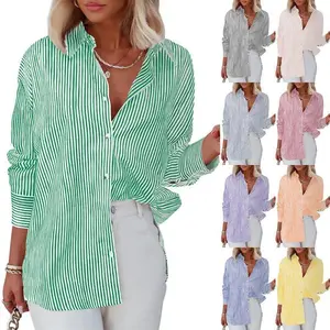 Women Striped Button Down Shirt Classic Long Sleeve fashion Collared Office Work Blouse Tops