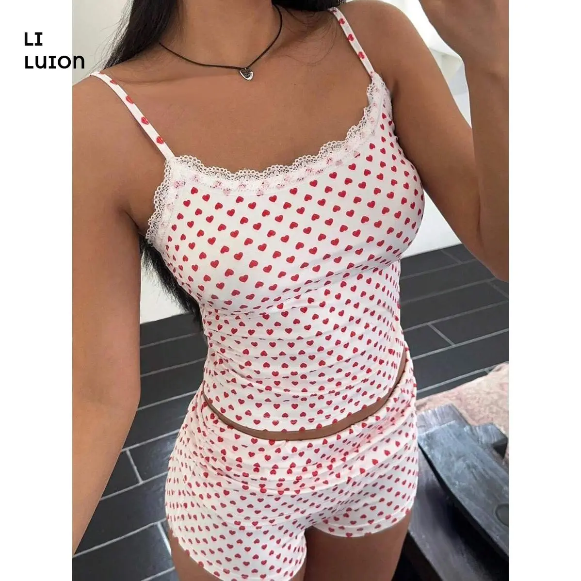 Women's Valentine's Day Lounge Set Sleeveless Heart Print Cami Tops Shorts Sleepwear Sets