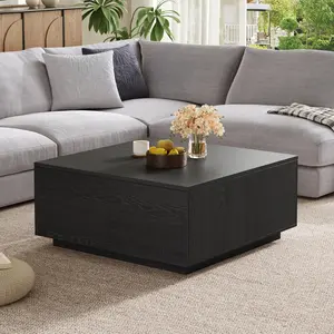 33.25" Square Black Coffee Table with 4 Drawers - Modern Minimalist Wood Grain Center Table with Hidden Storage for Living Room, Small to Medium Spaces