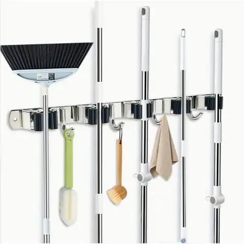 Heavy-Duty Rust-Resist Steel Wall-Mounted Mop and Broom Holder, 5-Slot & 4-Hook Household Home Goods Organizer, Self-Adhesive Non-Slip Durable Reinforced Organizer for Kitchen, Garage