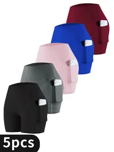 5PCS Women's Back To School High Waist Pocket Sports Shorts, Solid Cycling Shorts with Phone Pockets, Gym Shorts, High Stretch Skinny Biker Shorts, Gym Clothes, Quick Drying Yoga Workout Leggings, Fitness Sportswear Bottoms, Gym Clothing, Workout Shorts