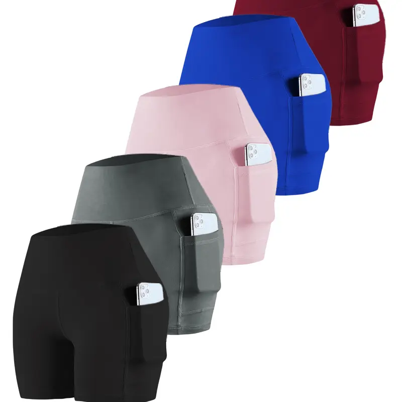 5PCS Women's Back To School High Waist Pocket Sports Shorts, Solid Cycling Shorts with Phone Pockets, Gym Shorts, High Stretch Skinny Biker Shorts, Gym Clothes, Quick Drying Yoga Workout Leggings, Fitness Sportswear Bottoms, Gym Clothing, Workout Shorts