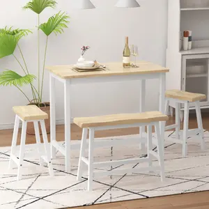 diningtable Modern Bar Dining Table Set for 4 All Rubber Wood Kitchen Bistro Counter Height Table Bench Stool for Dining Room Small Space Natural Color & White