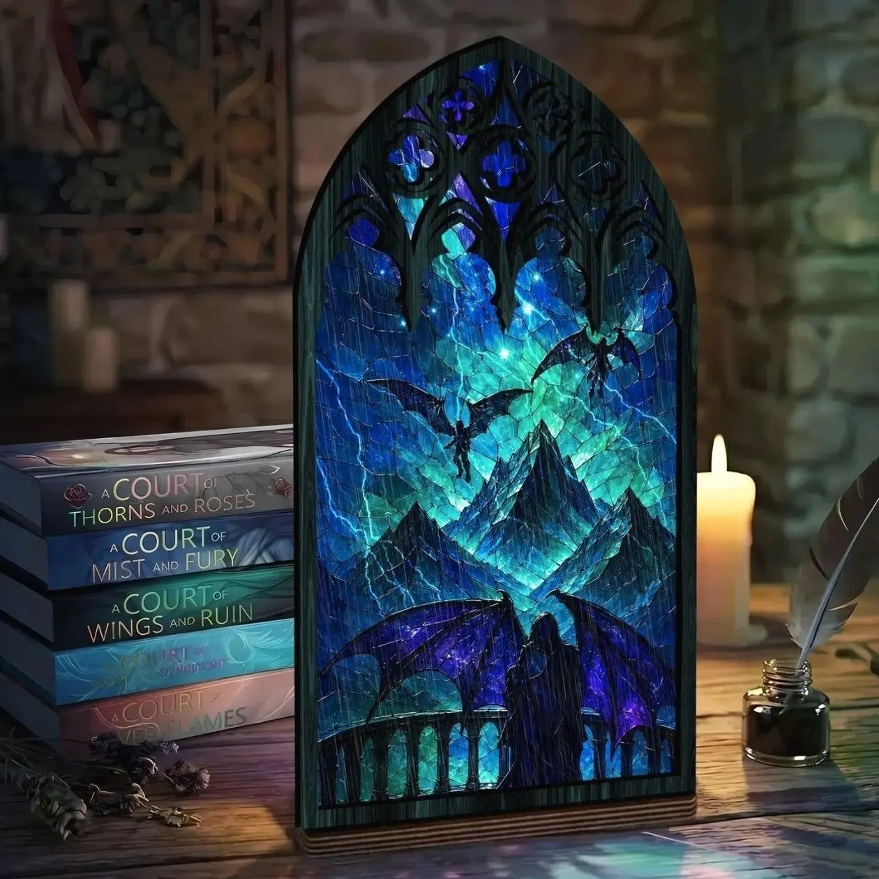 ACOTAR Inspired Velaris Stained Glass Book Nook - Rhysand Cassian Azriel Bookshelf Decor, 1-Piece UV Printer Crafted Multi-Size Smut Romance SJM Merch, Book Lover Gifts for High Lords, One-Piece