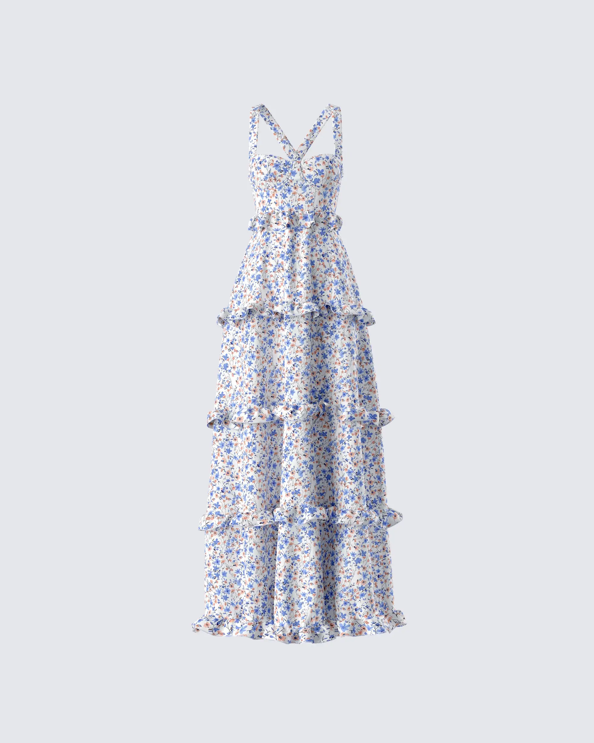 Women's Fitted Spandex Maxi Dress - XS, Bohemian Ditsy Floral Print, Sweetheart Neckline, Tiered Ruffles, Crisscross Back Straps, Casual Wear