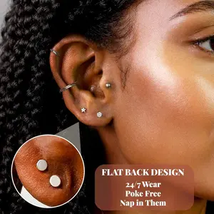 Flat Back Stud Earrings Cartilage Earrings for Women Men Hypoallergenic Threadless Flat Back Earring Surgical Steel Earring Tragus Helix Labret Lip Medusa Conch Body Piercing Jewelry