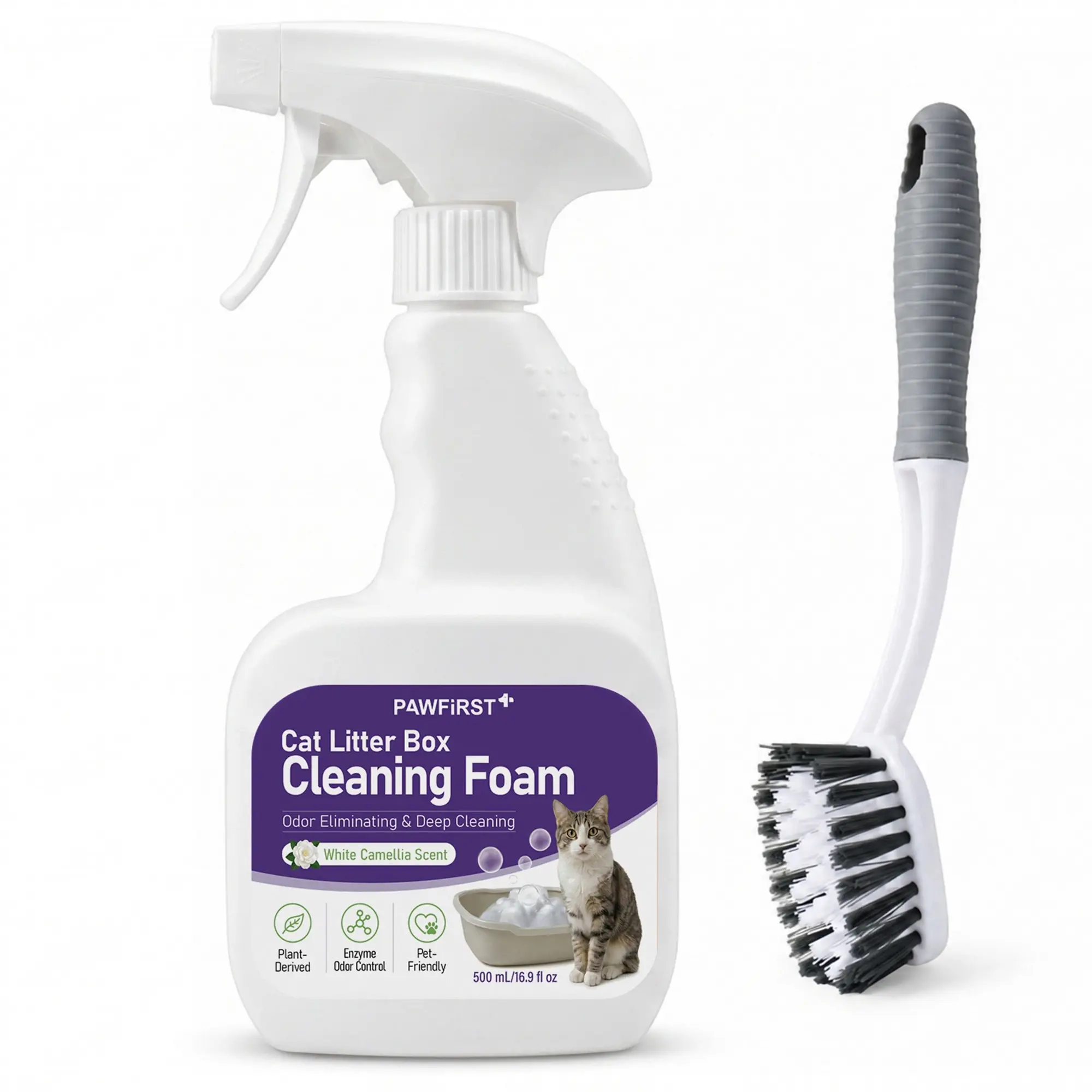 Pawfirst Bio Enzyme Cat Litter Box Cleaning Foam Kit 500ml with Scrub Brush, Plant-Based Pet Safe Odor Eliminator, White Camellia Scent Stain Remover, Deep Clean Plastic Stainless Automatic Litter Boxes