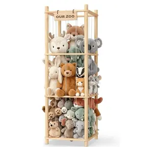 Plush Animal Storage Organizer with Cute Wooden Zoo Toy Rack, Display Storage Rack, Perfect Storage Shelf for Toddler Rooms, Playrooms and Bedrooms