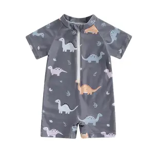 Baby Boy's Dinosaur Swimsuit Round Neck Half Zip Up Short Sleeve Rash Guard Swimwear Infant Toddler Bathing Suit