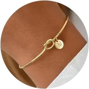 Initial Bracelet 26 Letter Round Plate Pendant Knotted Open Bracelet Color Staying Multifunctional Women