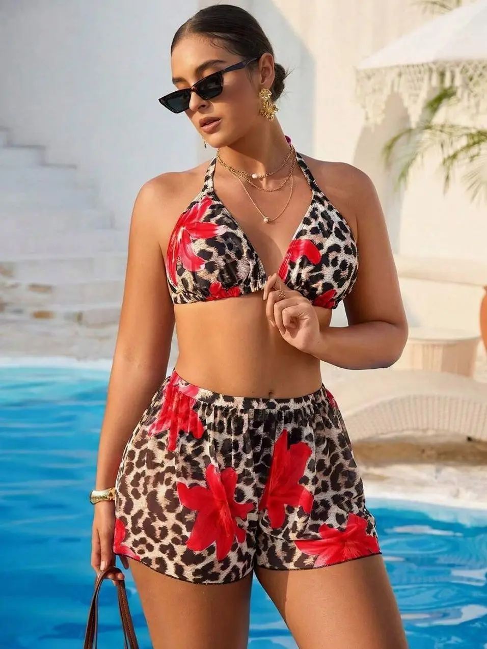 Plus Size Leopard Print Halter Bikini Set with Cover-Up Shorts for Summer Beach Vacation