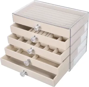 5-Layer Lightweight Compact Portable PU Leather Jewelry Organizer Box with Clear Lid, Crystal Knobs, Mini Storage for Earrings, Rings, Necklaces – Perfect for Women & On-the-Go Use