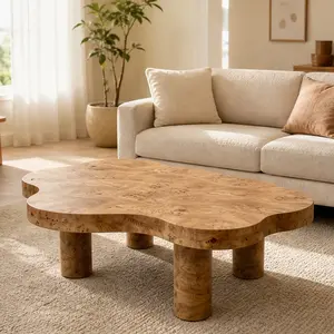 ARCH Modern Cloud Shaped Coffee Table for Living Room, 40 inch MDF Wood Pedestal Base, Natural Wood Grain Burl Veneer, Sturdy Round Legs, Small Space Apartment Decorative Center Table, Tree Knot Pattern, Natural Wood Color Options