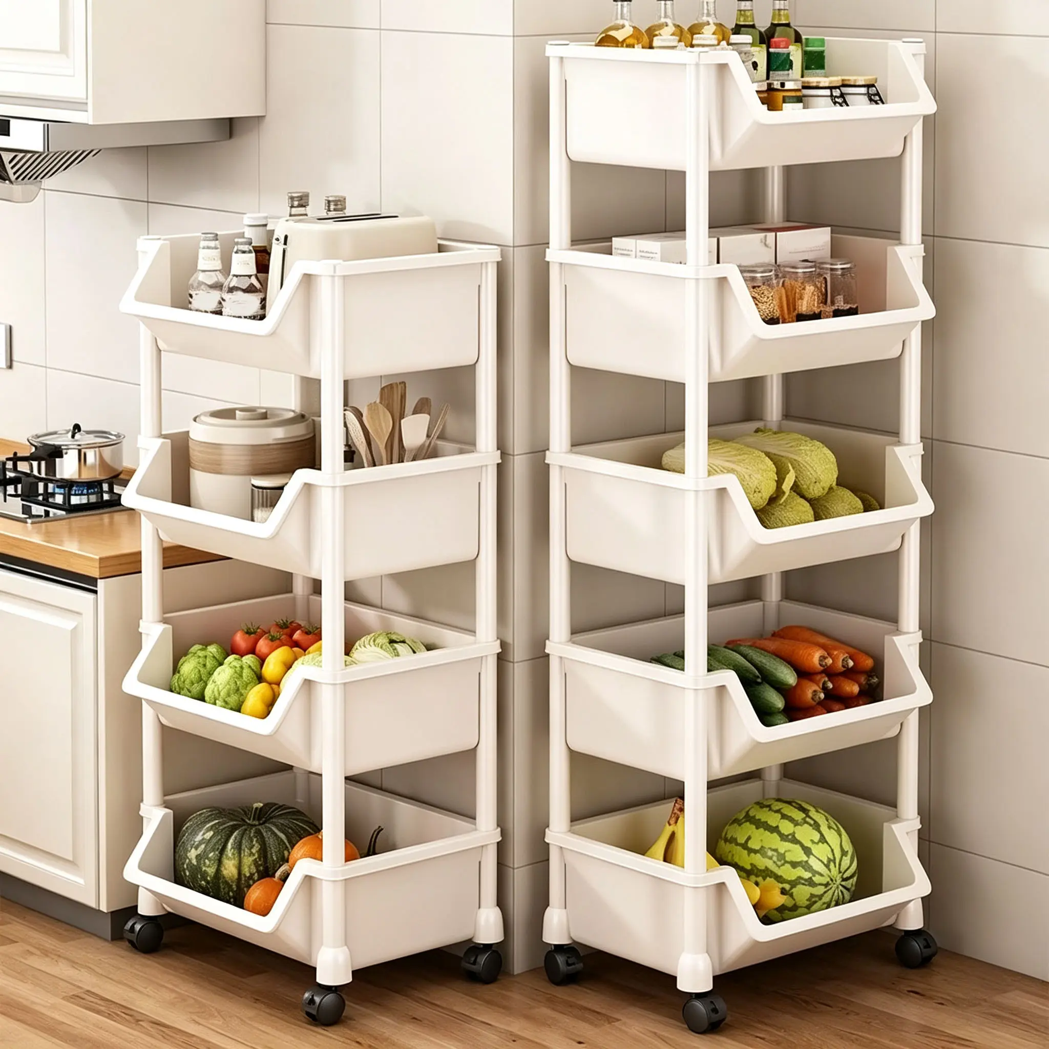 Stackable modular storage cart with wheels, plastic storage rack, multifunctional home organizer for snacks, toys, and books