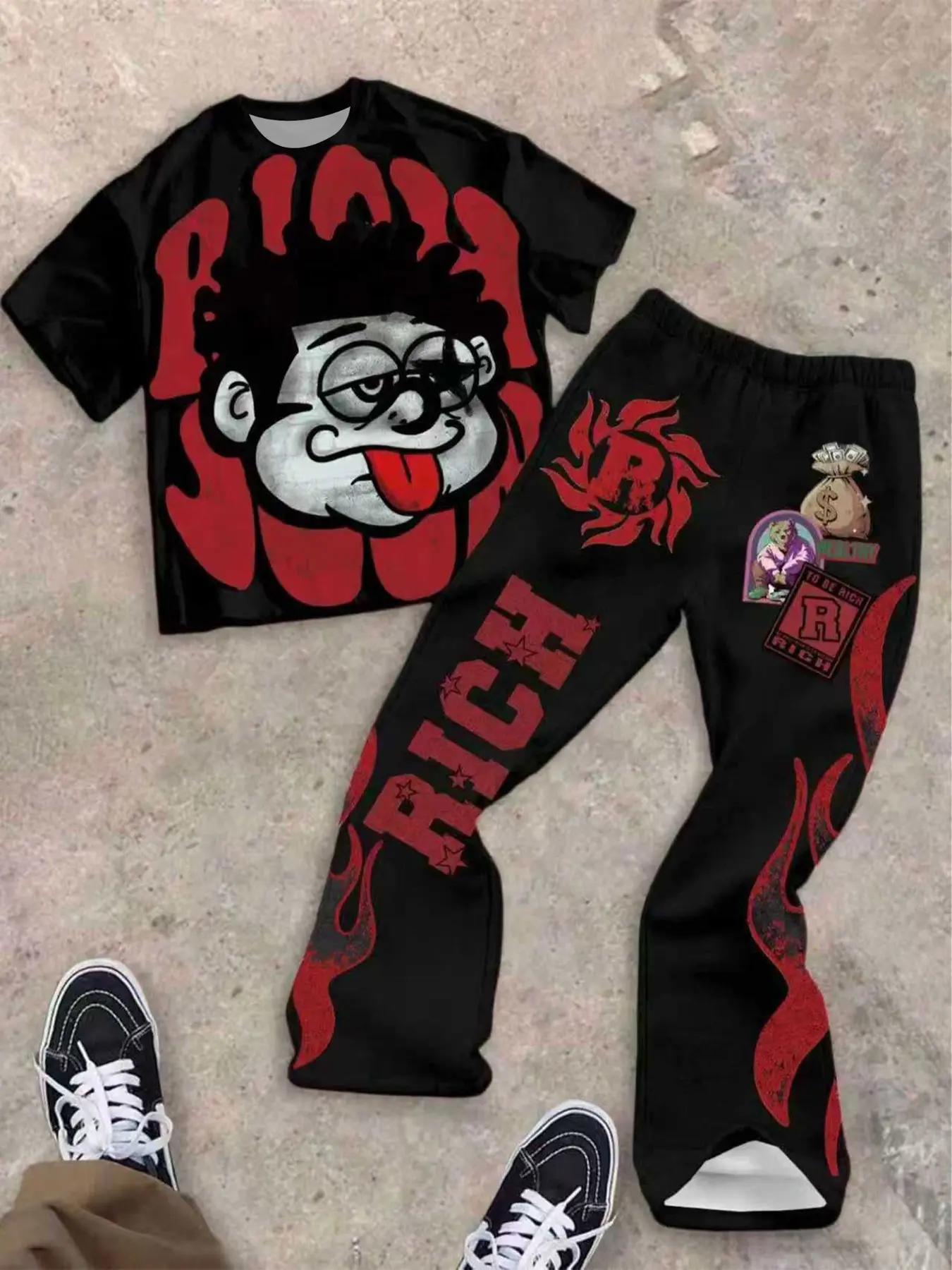 Teen Boy Casual Comfortable Fashion Simple Round Neck Short Sleeve T-Shirt Loose Fit Set Outfit, Graphic Print Set, Spring Summer Street Retro Cartoon Print, Y2K Style Tops