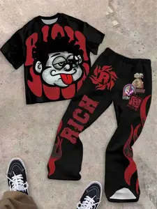 Teen Boy Casual Comfortable Fashion Simple Round Neck Short Sleeve T-Shirt Set, Spring Summer Street Retro Cartoon Print, Y2K Style Tops