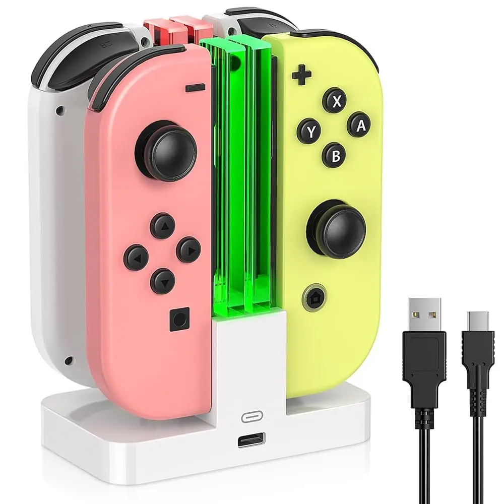 F-APT16  Charging Dock for Switch for Joy Con & OLED Model Controller with Lamppost LED Indication, Pro Controllers Charger Stand Station Compatible with Joycons with Charging Cable White