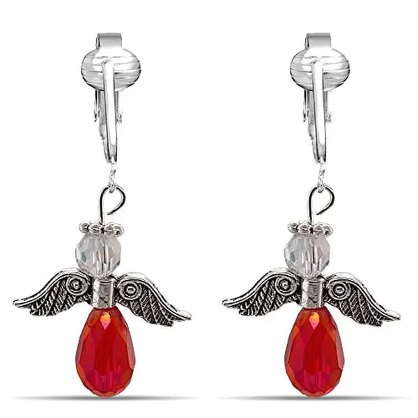 Red Crystal Angel Clip On Dangling Earrings
