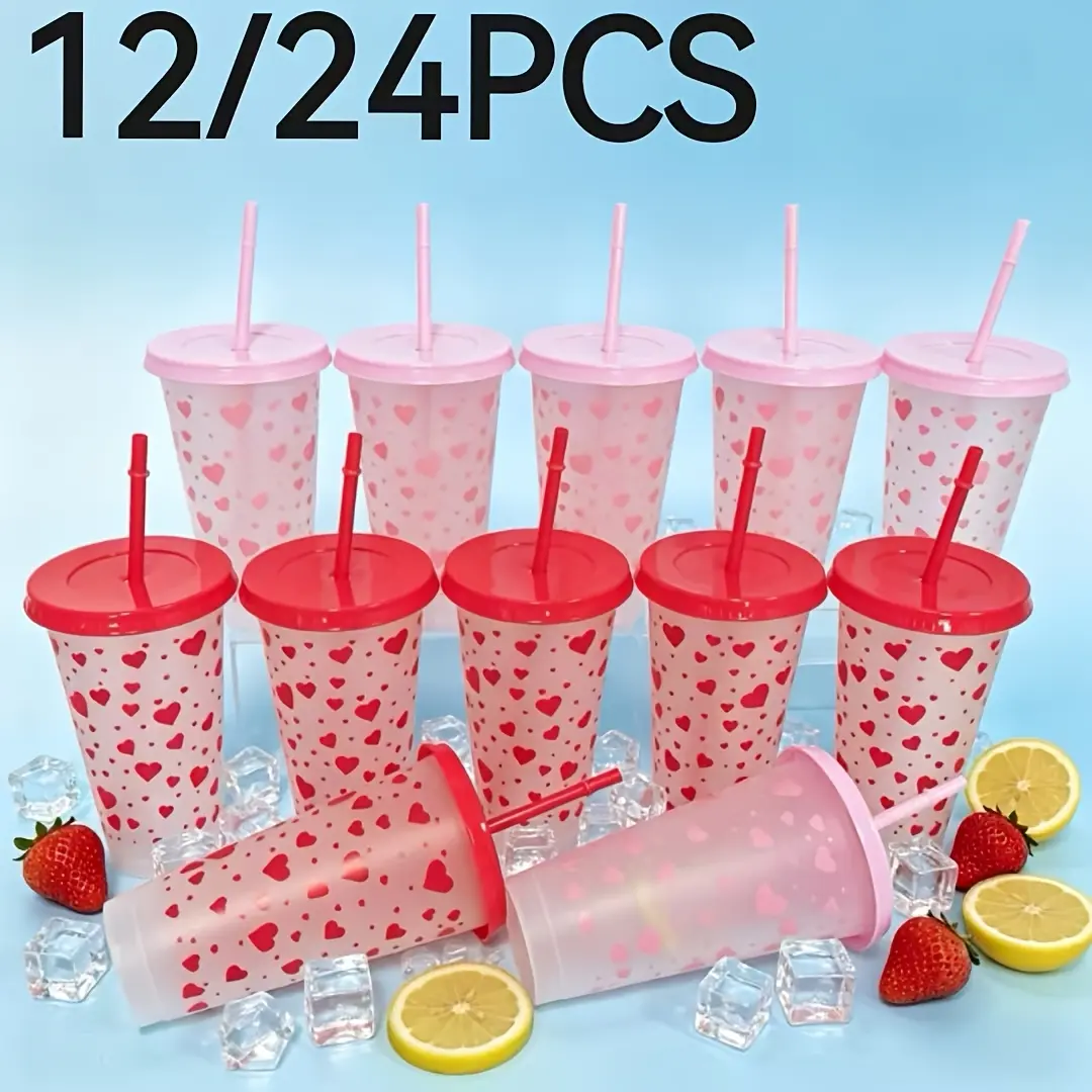 12/24 Pack 24 oz Frosted Plastic Cold Drink Cups - Cute Red/Pink Heart-Patterned Reusable Drinkware, Leak-Proof Lids & Straws Included, Ideal for Iced Coffee, Valentine’s Day