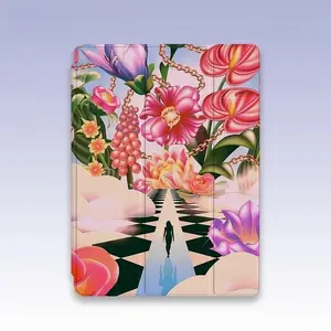 Vintage Floral Checkerboard Tablet Case, Transparent Anti-Drop with Pen Slot, Full Protection for iPad 10.2/10.9/11 Inch, Three-Fold Stand