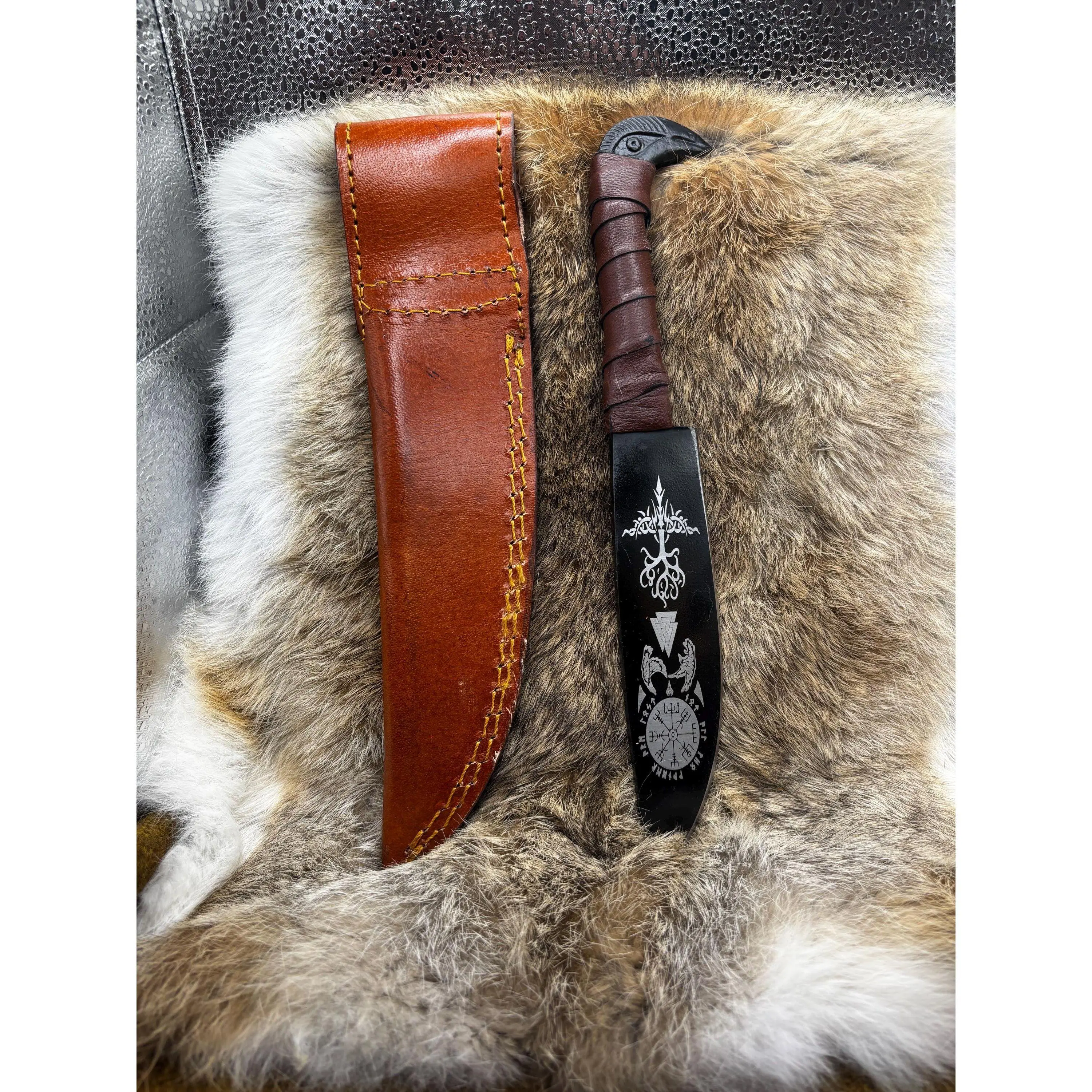 Engraved Raven Handle Knife