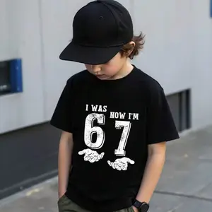 Toddler Boys' Casual Minimalist "67" Graphic Print Short Sleeve Round Neck T-Shirt, Suitable For Outings, Black Short Sleeve Top "I Was 6, Now I'm Seven" 7th Birthday Gift, Spring/Summer T Shirts 7 Year Old