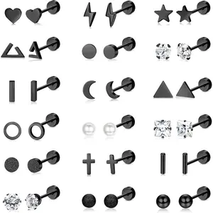 FINREZIO 18 Pairs Black Small Surgical Stainless Steel Stud Earrings for Women Men Shining CZ Opal Screw Flat Back Earrings Ear Piercing Studs Set 20G Cartilage Earrings Studs Cross Moon Star Small Stud Earrings