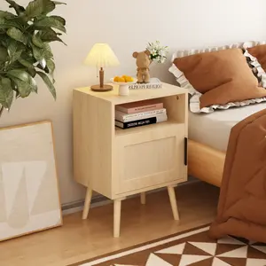 Rattan Nightstand Side Table with Door & Open Shelf, Oak