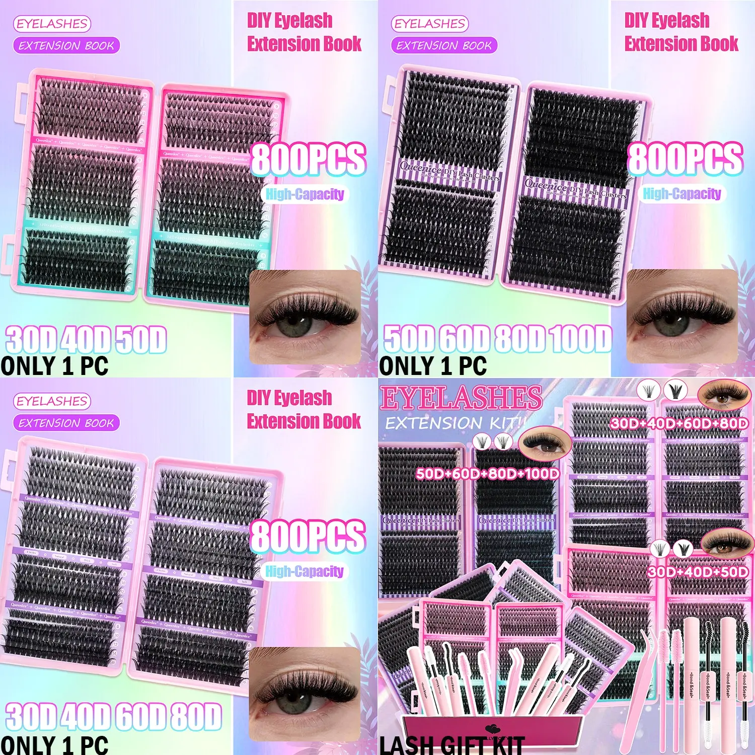 DIY Eyelash Extension Kit, Diy Volume Eyelashes, Voluminous Dense, Lightweight, Feather-Like Texture, Long-Lasting Curl, Longer Looking Eyelashes, Includes Glue, Tweezers, Brush, Multiple Styles, Eyelash Cluster, Eyelashes Extensions, DIY Eyelash Clusters